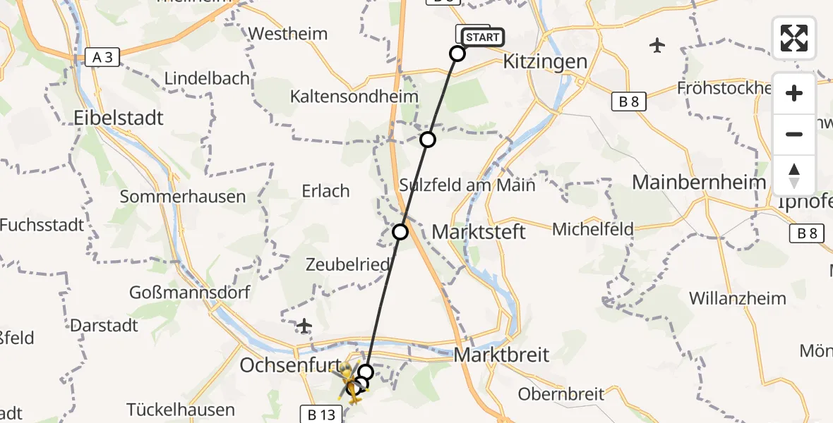 Flugroute Rettungshubschrauber Kitzingen Hospital - Ochsenfurt Hospital, 29 August 2026, 11:02