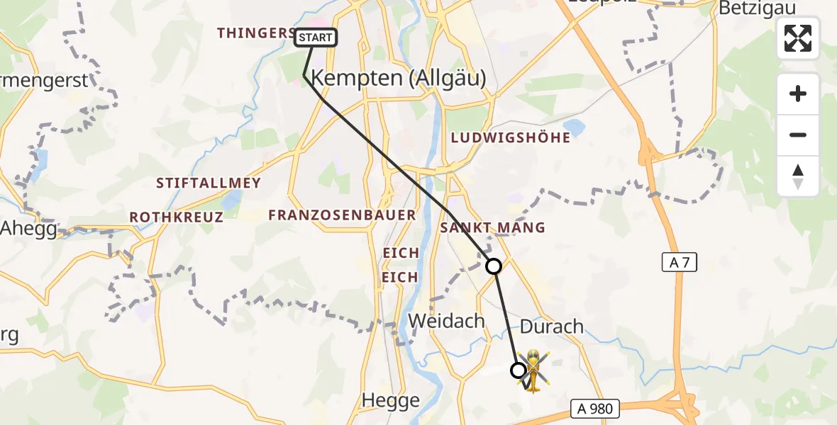 Flugroute Rettungshubschrauber Kempten (Allgäu) - Kempten-Durach Flugplatz, 29 August 2026, 11:03