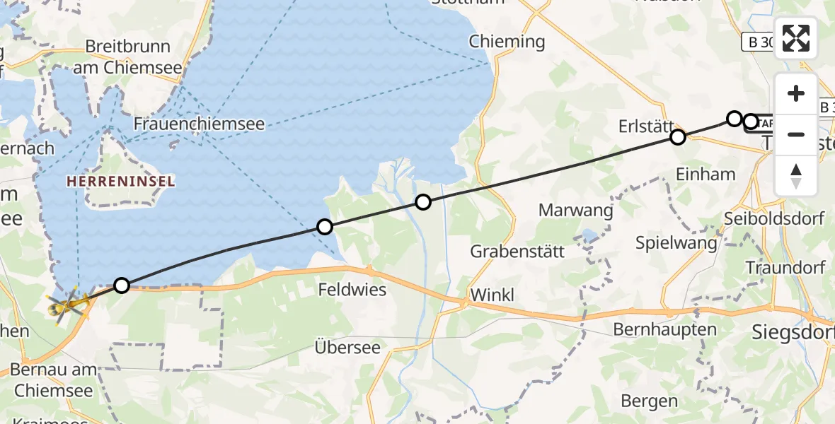 Flugroute Rettungshubschrauber Traunstein Hospital - Bernau a.Chiemsee, 29 August 2026, 11:09