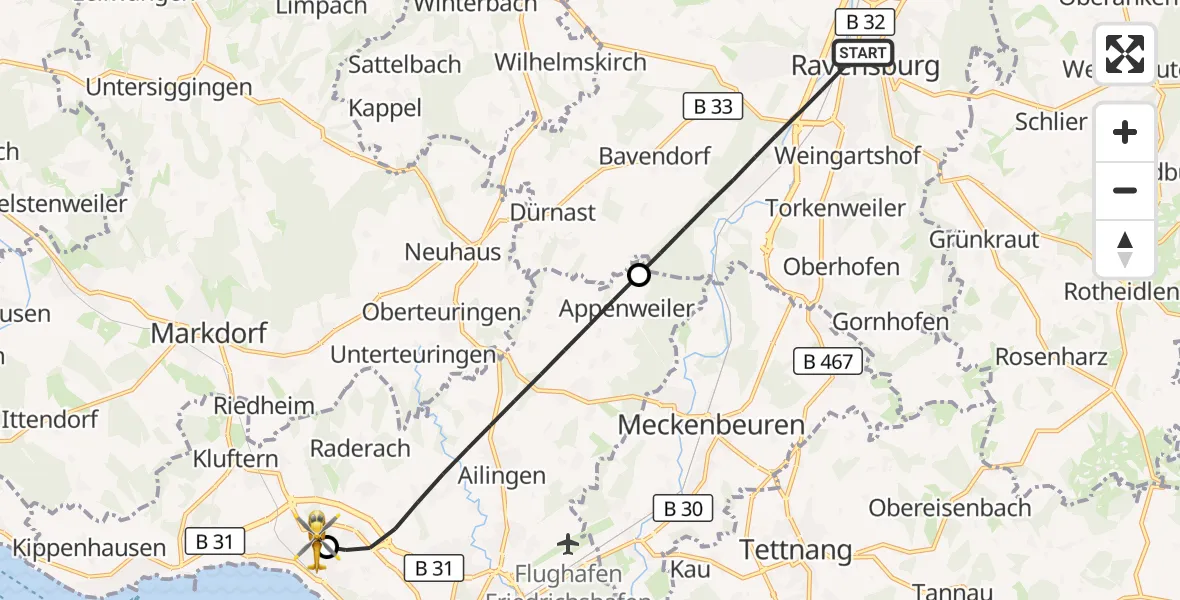 Flugroute Rettungshubschrauber Ravensburg - Friedrichshafen Hospital, 29 August 2026, 11:11