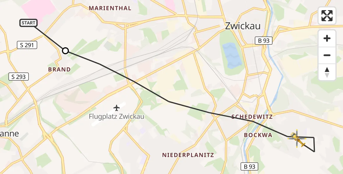 Flugroute Rettungshubschrauber ADAC Air Rescue Station Zwickau Hubschrauberlandeplatz - Zwickau, 29 August 2026, 11:21