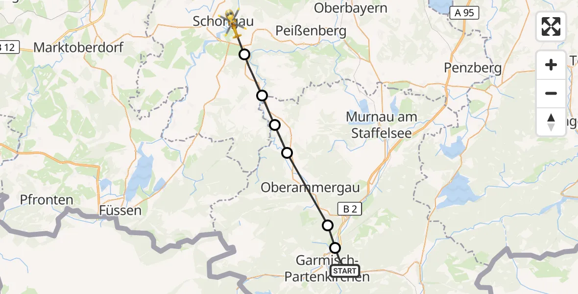 Flugroute Rettungshubschrauber Garmisch-Partenkirchen - Schongau, 29 August 2026, 11:24