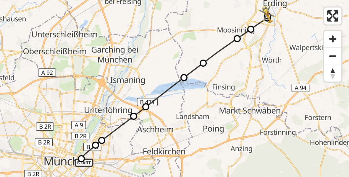 Flugroute Rettungshubschrauber Rechts der Isar University Hospital - Erding District Hospital, 29 August 2026, 11:30