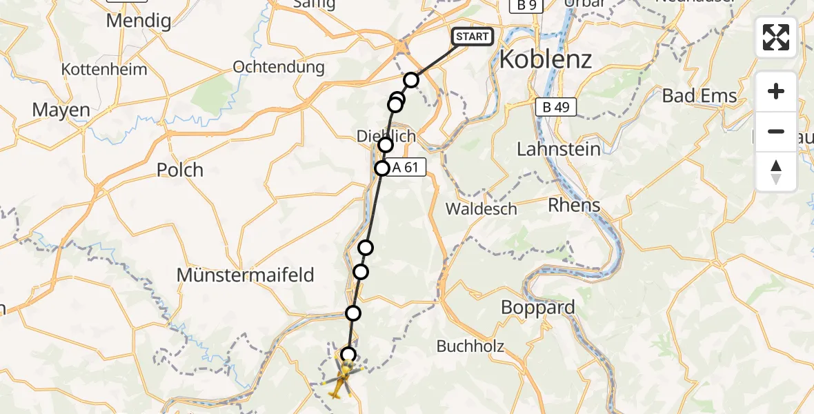 Flugroute Rettungshubschrauber Koblenz - Morshausen, 29 August 2026, 11:33