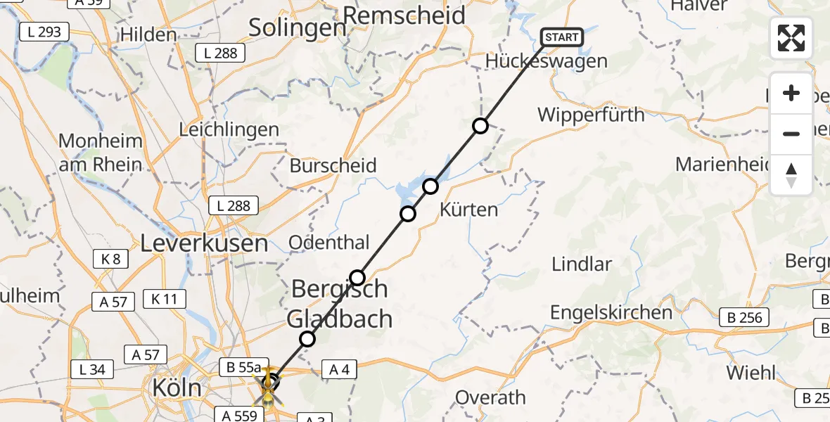 Flugroute Ambulanzhubschrauber Hückeswagen - Merheim Hospital, 29 August 2026, 11:34