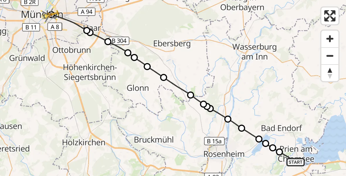 Flugroute Rettungshubschrauber Prien a.Chiemsee - Rechts der Isar University Hospital, 29 August 2026, 11:34