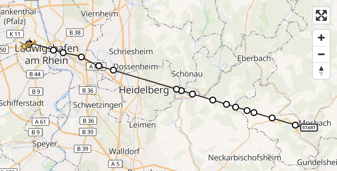 Flugroute Rettungshubschrauber Mosbach - Ludwigshafen Accident Hospital, 29 August 2026, 11:38