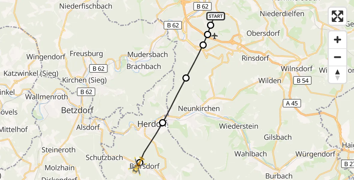 Flugroute Rettungshubschrauber Evangelisches Jung-Stilling Hospital - Daaden, 29 August 2026, 11:39