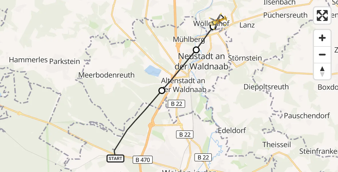 Flugroute Ambulanzhubschrauber Weiden i.d.OPf. - Störnstein, 29 August 2026, 11:40
