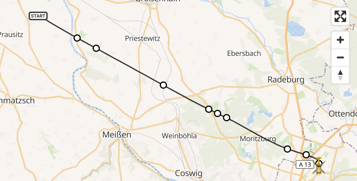 Flugroute Rettungshubschrauber Hirschstein - Dresden Bundespolizei Hubschrauberlandeplatz, 29 August 2026, 11:44