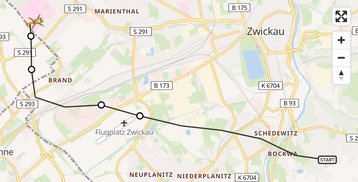 Flugroute Rettungshubschrauber Zwickau - ADAC Air Rescue Station Zwickau Hubschrauberlandeplatz, 29 August 2026, 11:48