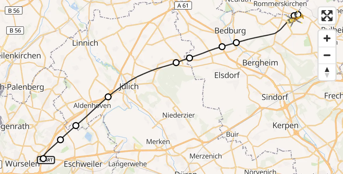 Flugroute Rettungshubschrauber Aachen-Merzbrück Flughafen - Pulheim, 29 August 2026, 11:48