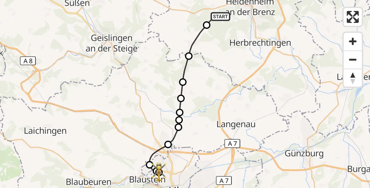 Flugroute Rettungshubschrauber Steinheim am Albuch - ADAC Air Rescue Station Ulm (Christoph 22), 29 August 2026, 11:50