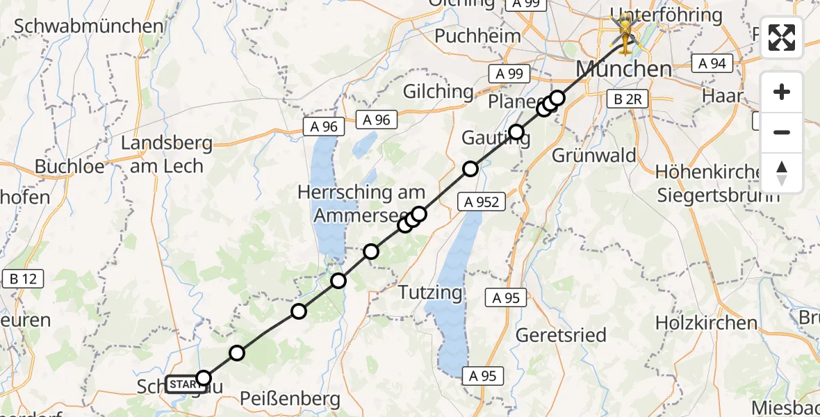 Flugroute Rettungshubschrauber Schongau - München, 29 August 2026, 12:06