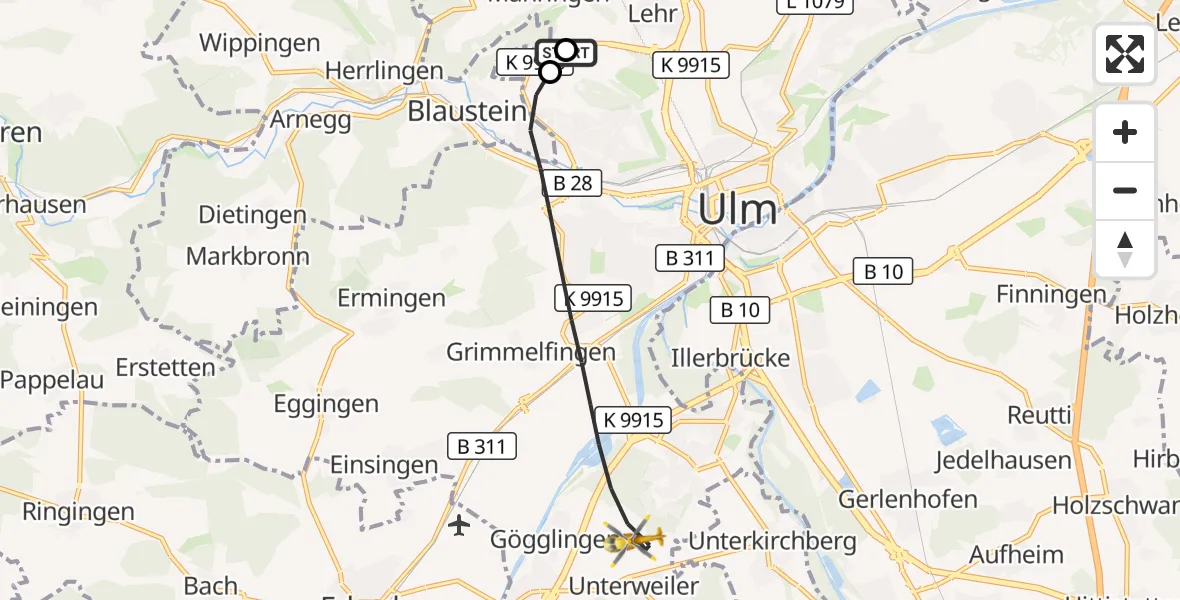 Flugroute Rettungshubschrauber Ulm Military Hospital Emergency - Ulm, 29 August 2026, 12:08