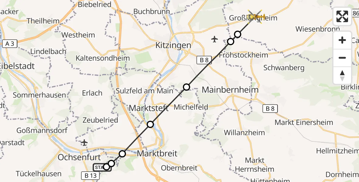 Flugroute Rettungshubschrauber Ochsenfurt Hospital - Großlangheim, 29 August 2026, 12:10
