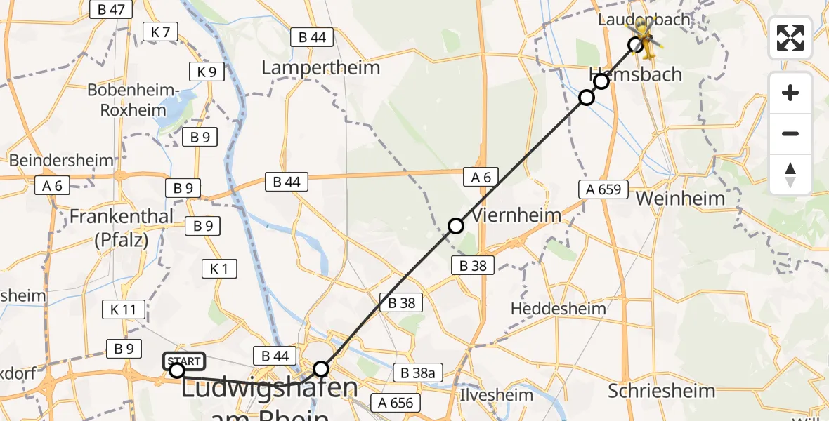 Flugroute Rettungshubschrauber Ludwigshafen Accident Hospital - Laudenbach, 29 August 2026, 12:11