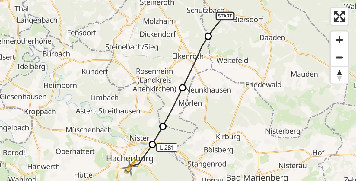 Flugroute Rettungshubschrauber Niederdreisbach - Hachenburg, 29 August 2026, 12:16