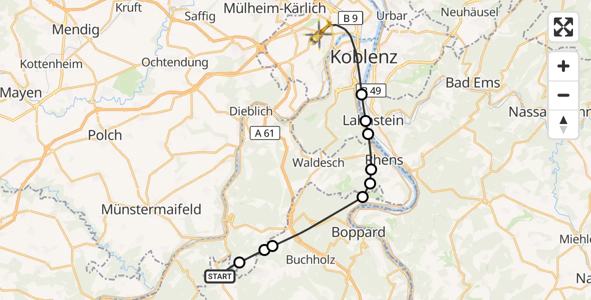 Flugroute Rettungshubschrauber Morshausen - Koblenz, 29 August 2026, 12:19