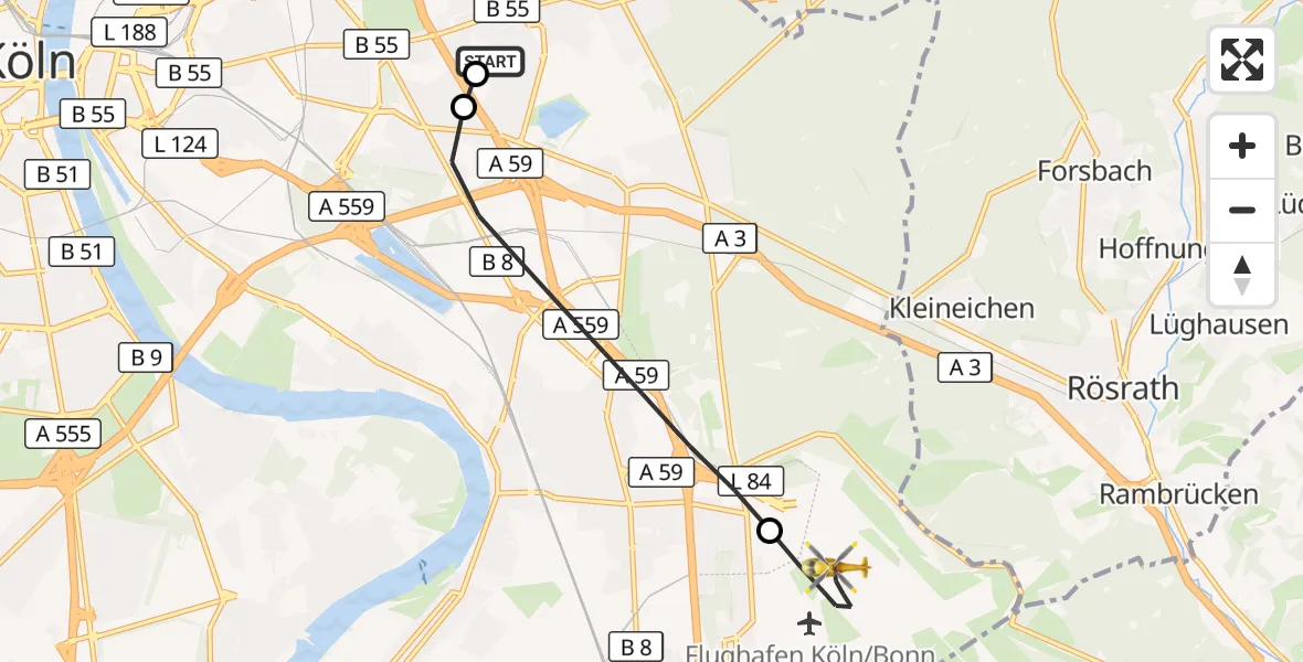Flugroute Ambulanzhubschrauber Merheim Hospital - Köln Bonn Flughafen, 29 August 2026, 12:21
