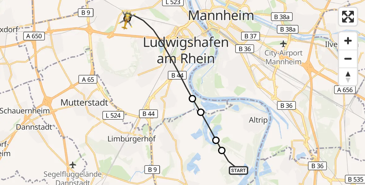 Flugroute Rettungshubschrauber Waldsee - Ludwigshafen Accident Hospital, 29 August 2026, 12:25