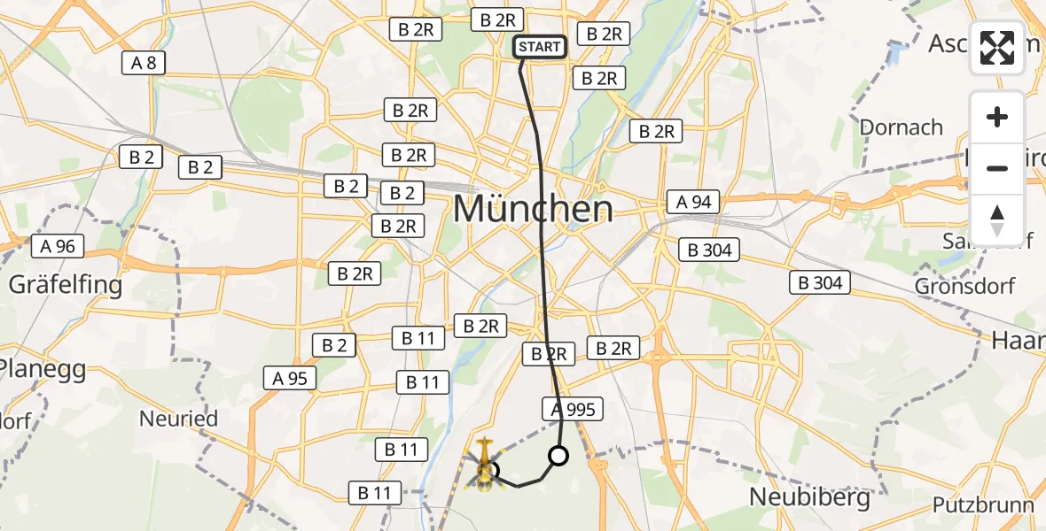 Flugroute Rettungshubschrauber München - ADAC Air Rescue Center Hubschrauberlandeplatz (Christoph 1), 29 August 2026, 12:33