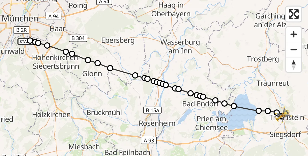 Flugroute Rettungshubschrauber Unterhaching - Traunstein Hospital, 29 August 2026, 12:33