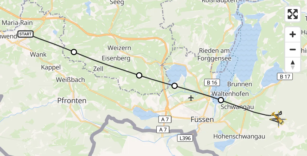 Flugroute Rettungshubschrauber Nesselwang - Schwangau, 29 August 2026, 12:39