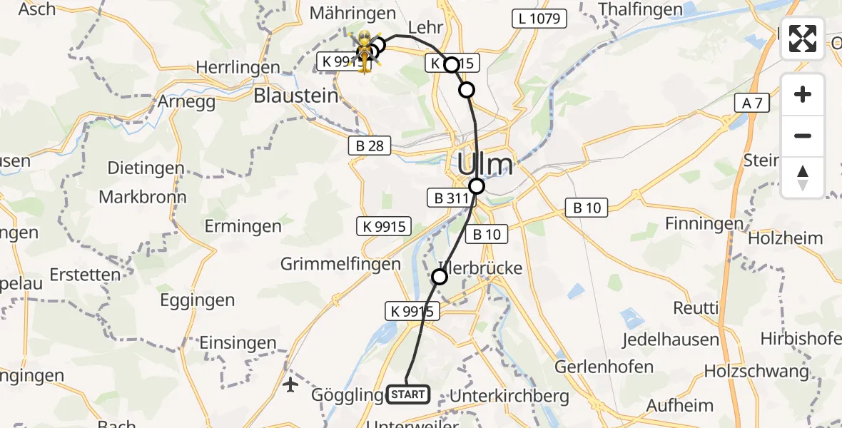 Flugroute Rettungshubschrauber Ulm - ADAC Air Rescue Station Ulm (Christoph 22), 29 August 2026, 12:45