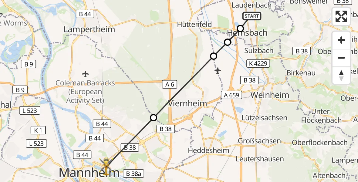 Flugroute Rettungshubschrauber Laudenbach - Mannheim, 29 August 2026, 12:45