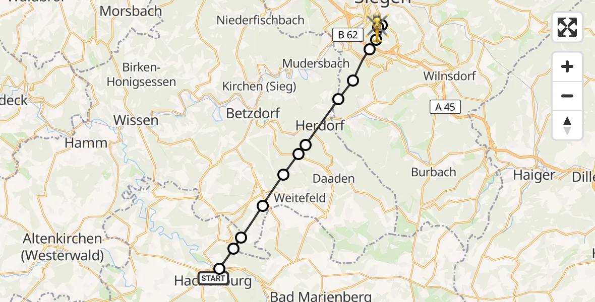 Flugroute Rettungshubschrauber Hachenburg - Evangelisches Jung-Stilling Hospital, 29 August 2026, 12:50
