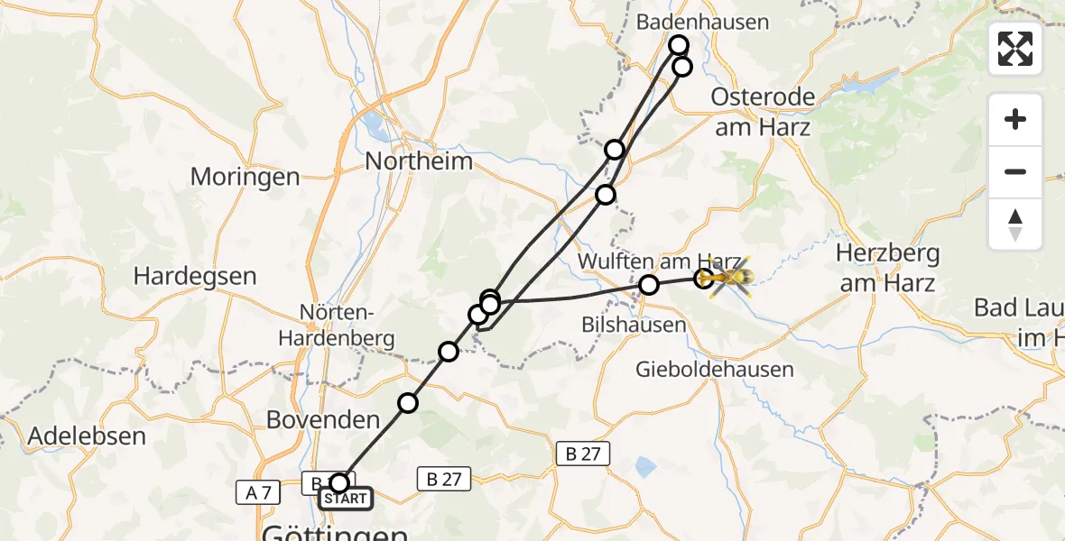 Flugroute Rettungshubschrauber Göttingen University Clinic Hubschrauberlandeplatz - Hattorf am Harz, 29 August 2026, 12:57