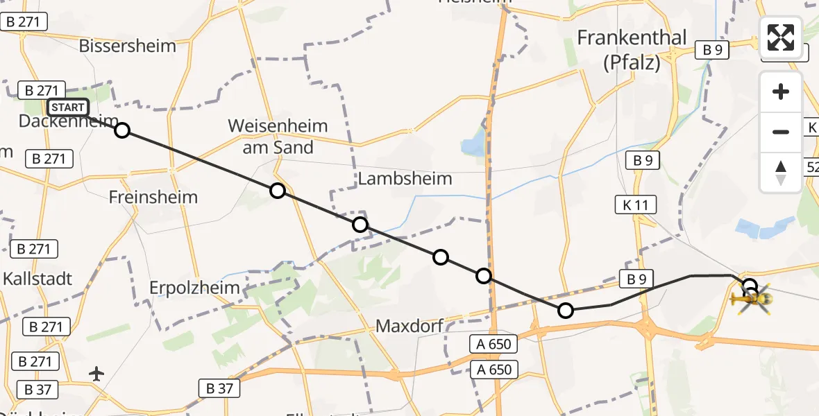Flugroute Rettungshubschrauber Dackenheim - Ludwigshafen Accident Hospital, 29 August 2026, 13:01