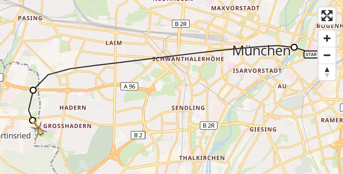Flugroute Rettungshubschrauber Rechts der Isar University Hospital - DRF Air Rescue München Hubschrauberlandeplatz, 29 August 2026, 13:01