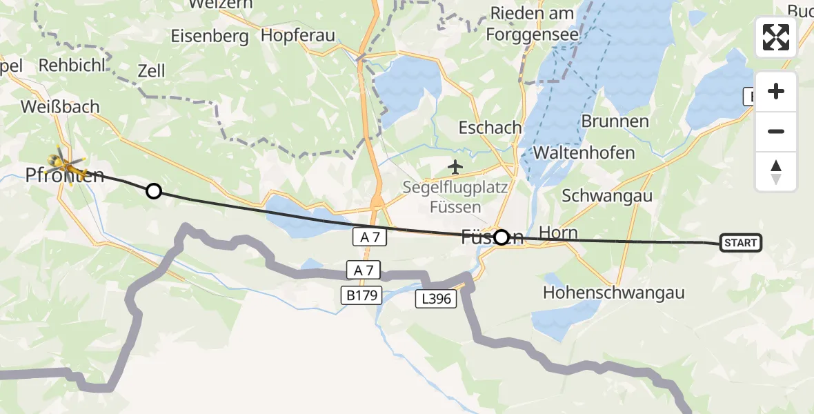 Flugroute Rettungshubschrauber Schwangau - Pfronten, 29 August 2026, 13:04