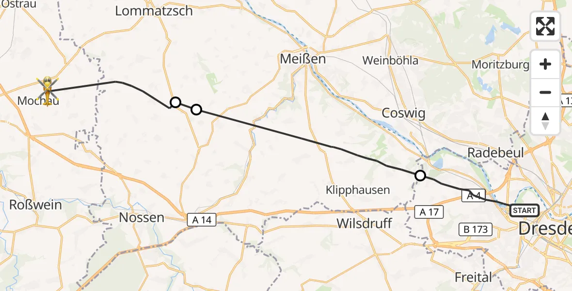 Flugroute Rettungshubschrauber Dresden - Döbeln, 29 August 2026, 13:10