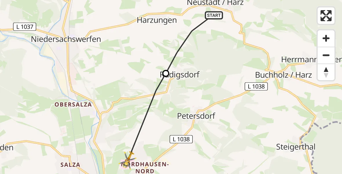 Flugroute Rettungshubschrauber Harztor - Südharz Hospital Nordhausen, 29 August 2026, 13:14