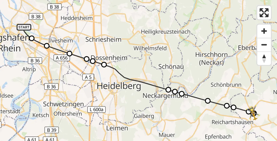 Flugroute Rettungshubschrauber Mannheim - Schwarzach, 29 August 2026, 13:17