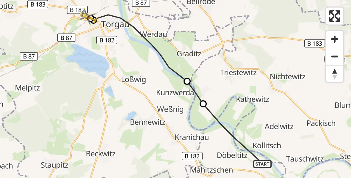Flugroute Rettungshubschrauber Belgern-Schildau - Torgau District Hospital, 29 August 2026, 13:22