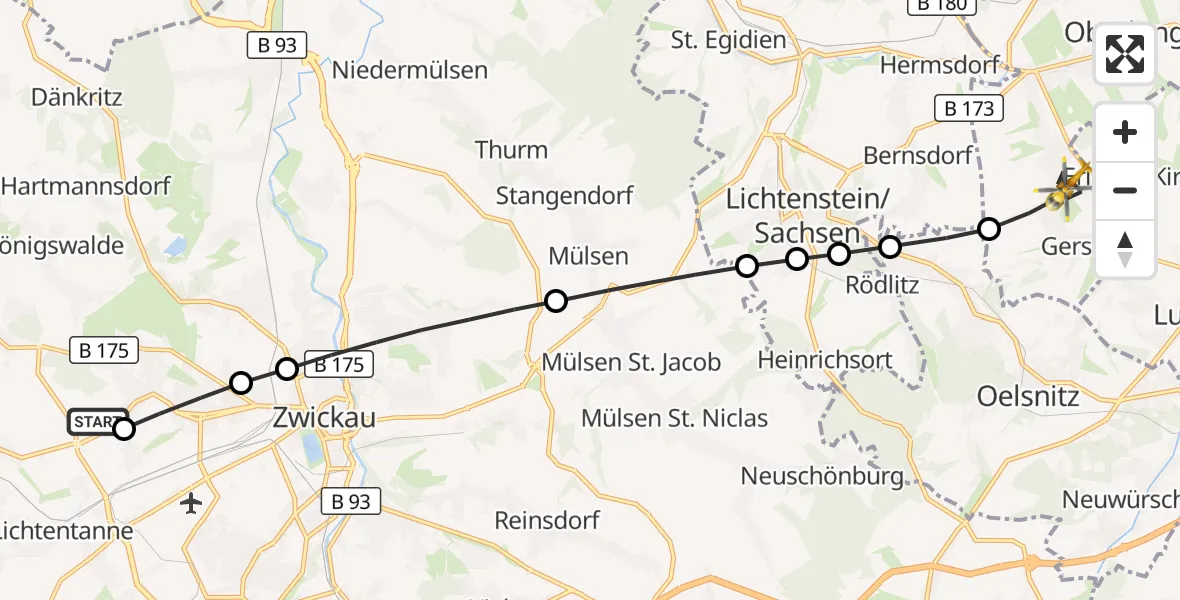 Flugroute Rettungshubschrauber ADAC Air Rescue Station Zwickau Hubschrauberlandeplatz - Gersdorf, 29 August 2026, 13:23