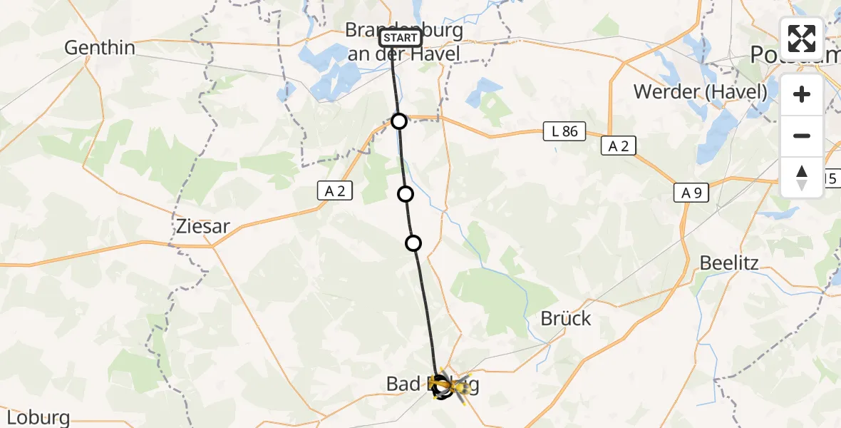 Flugroute Rettungshubschrauber Brandenburg an der Havel - Bad Belzig, 29 August 2026, 13:25