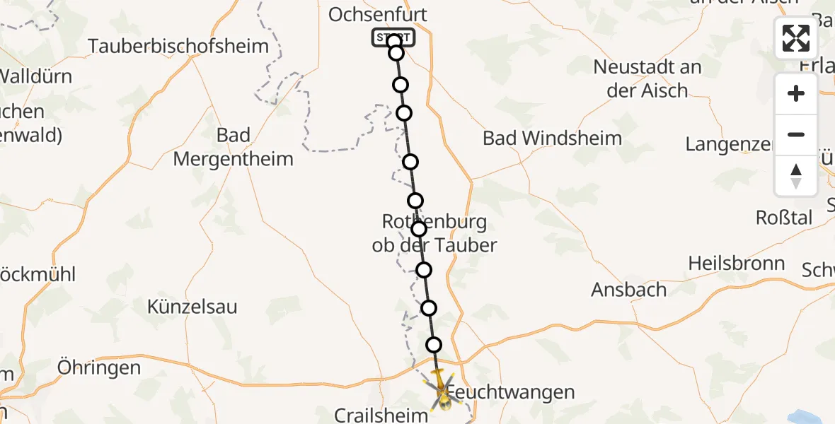 Flugroute Rettungshubschrauber Marktbreit - Schnelldorf, 29 August 2026, 13:26