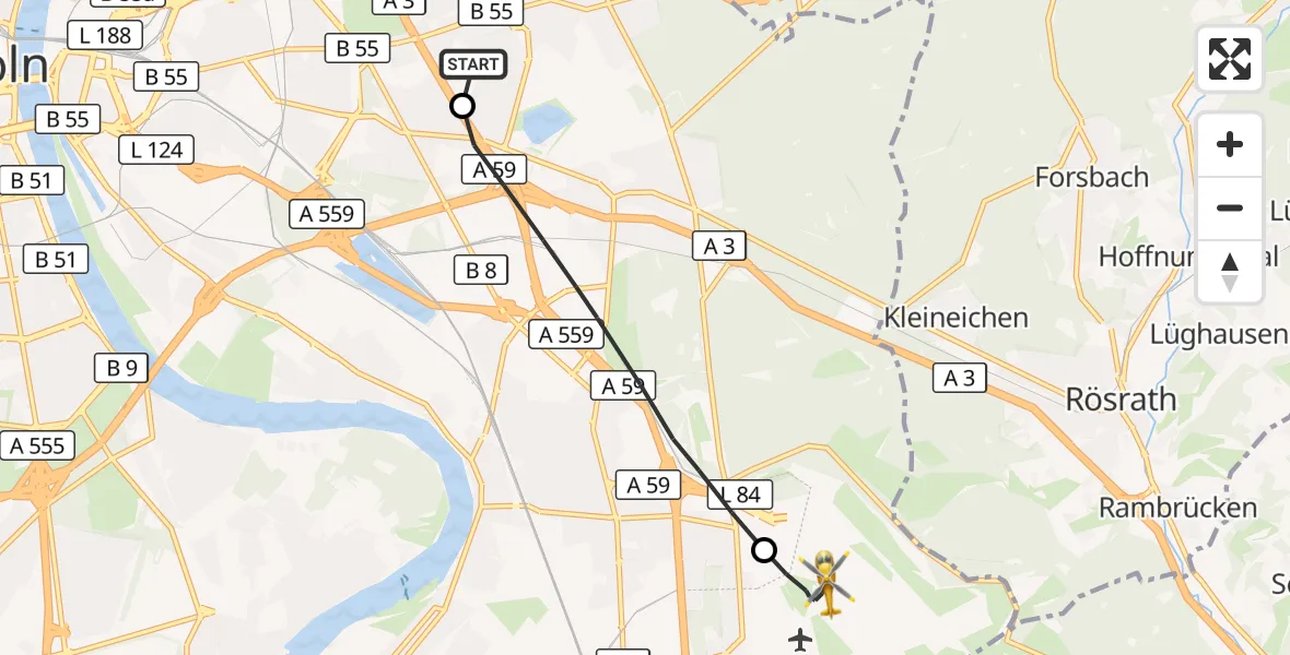Flugroute Rettungshubschrauber Merheim Hospital - Köln Bonn Flughafen, 29 August 2026, 13:28