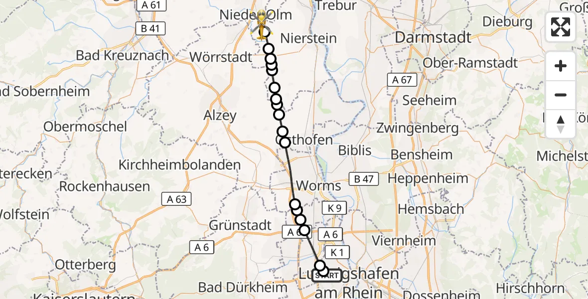 Flugroute Rettungshubschrauber Ludwigshafen Accident Hospital - Zornheim, 29 August 2026, 13:32