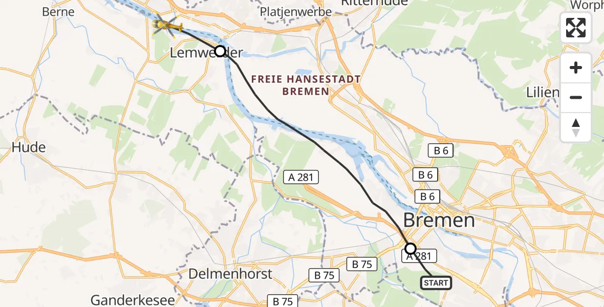 Flugroute Rettungshubschrauber Flughafen Bremen - Lemwerder, 29 August 2026, 13:36