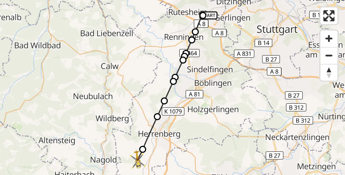Flugroute Rettungshubschrauber Leonberg Hospital - Gäufelden, 29 August 2026, 13:54