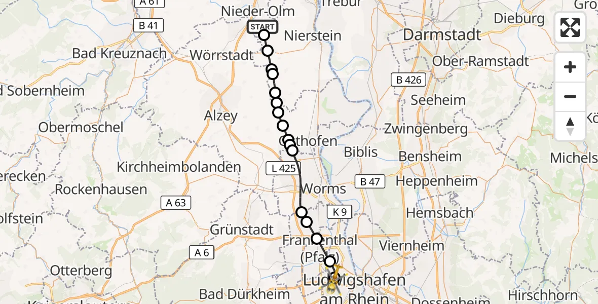 Flugroute Rettungshubschrauber Zornheim - Ludwigshafen Accident Hospital, 29 August 2026, 13:57