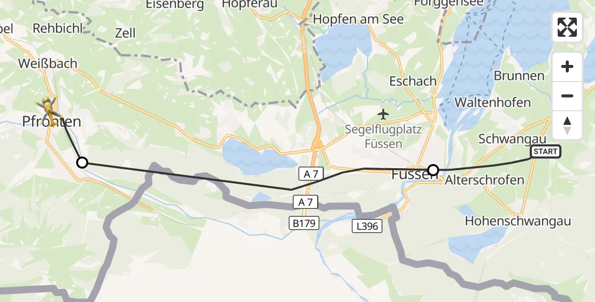Flugroute Rettungshubschrauber Schwangau - Pfronten, 29 August 2026, 14:00