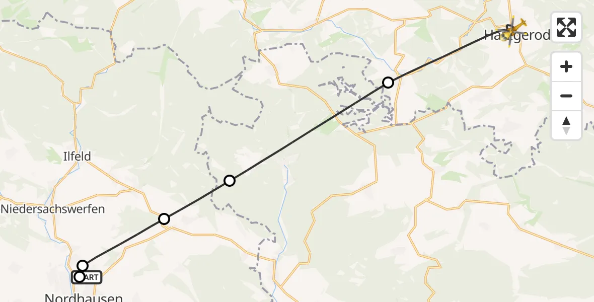 Flugroute Rettungshubschrauber Südharz Hospital Nordhausen - Harzgerode, 29 August 2026, 14:01