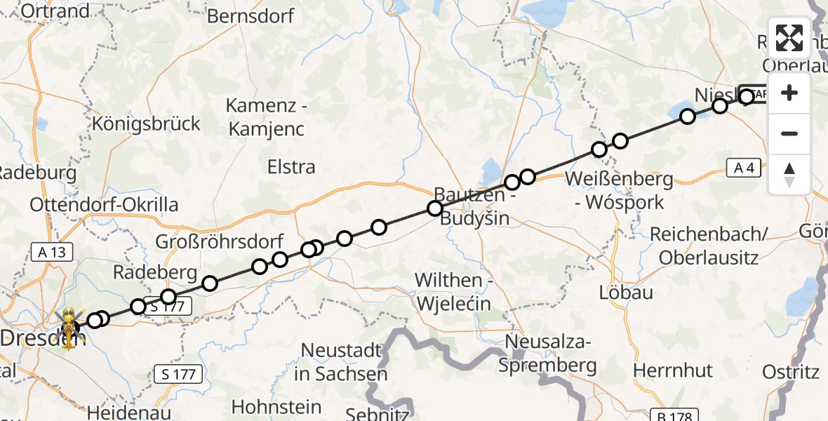 Flugroute Rettungshubschrauber Horka - Dresden University Hospital, 29 August 2026, 14:07